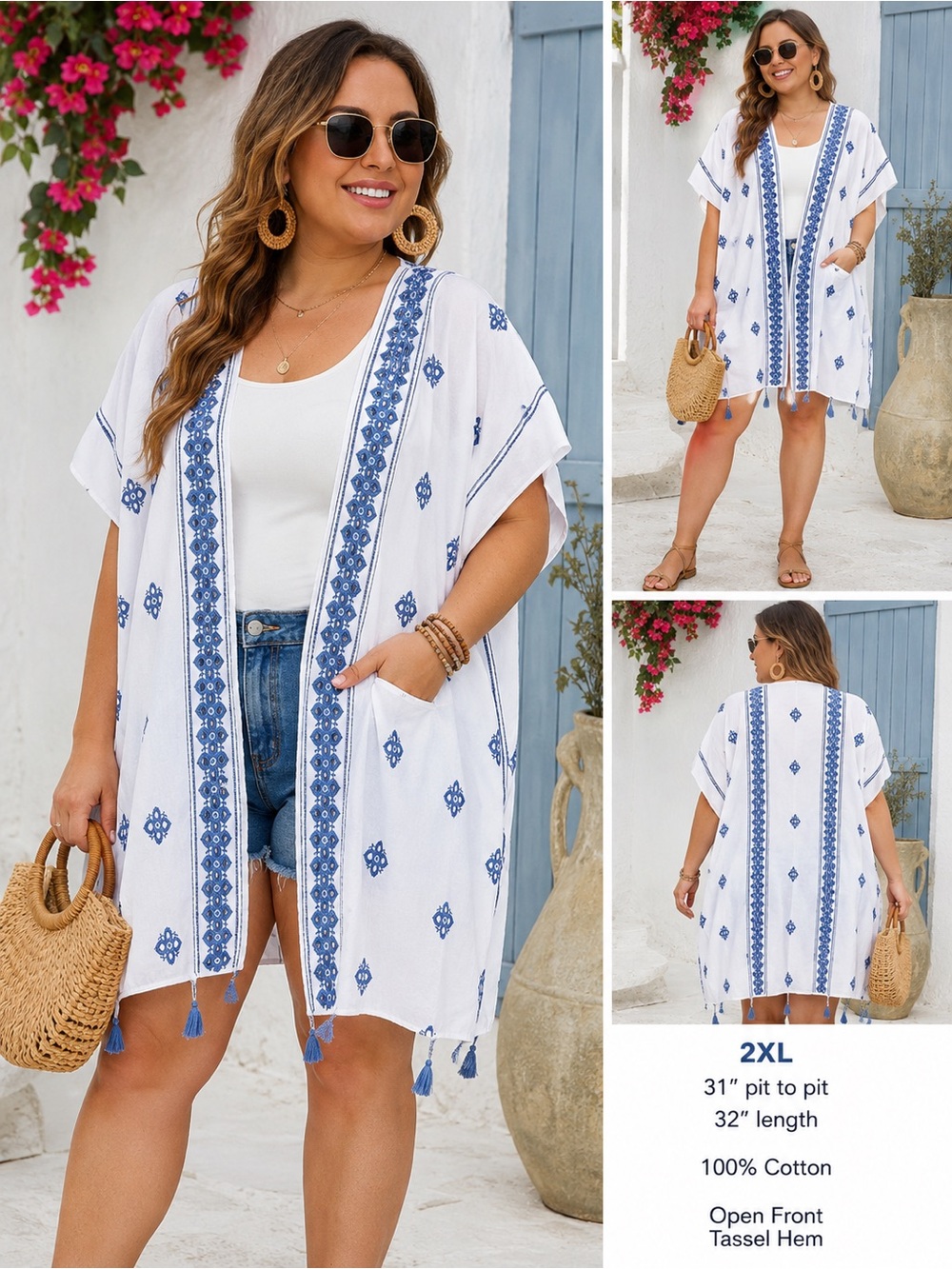 Boho Embroidered Open Front Kimono Cover Up 2XL 100% Cotton‎ White Blue Tassel
